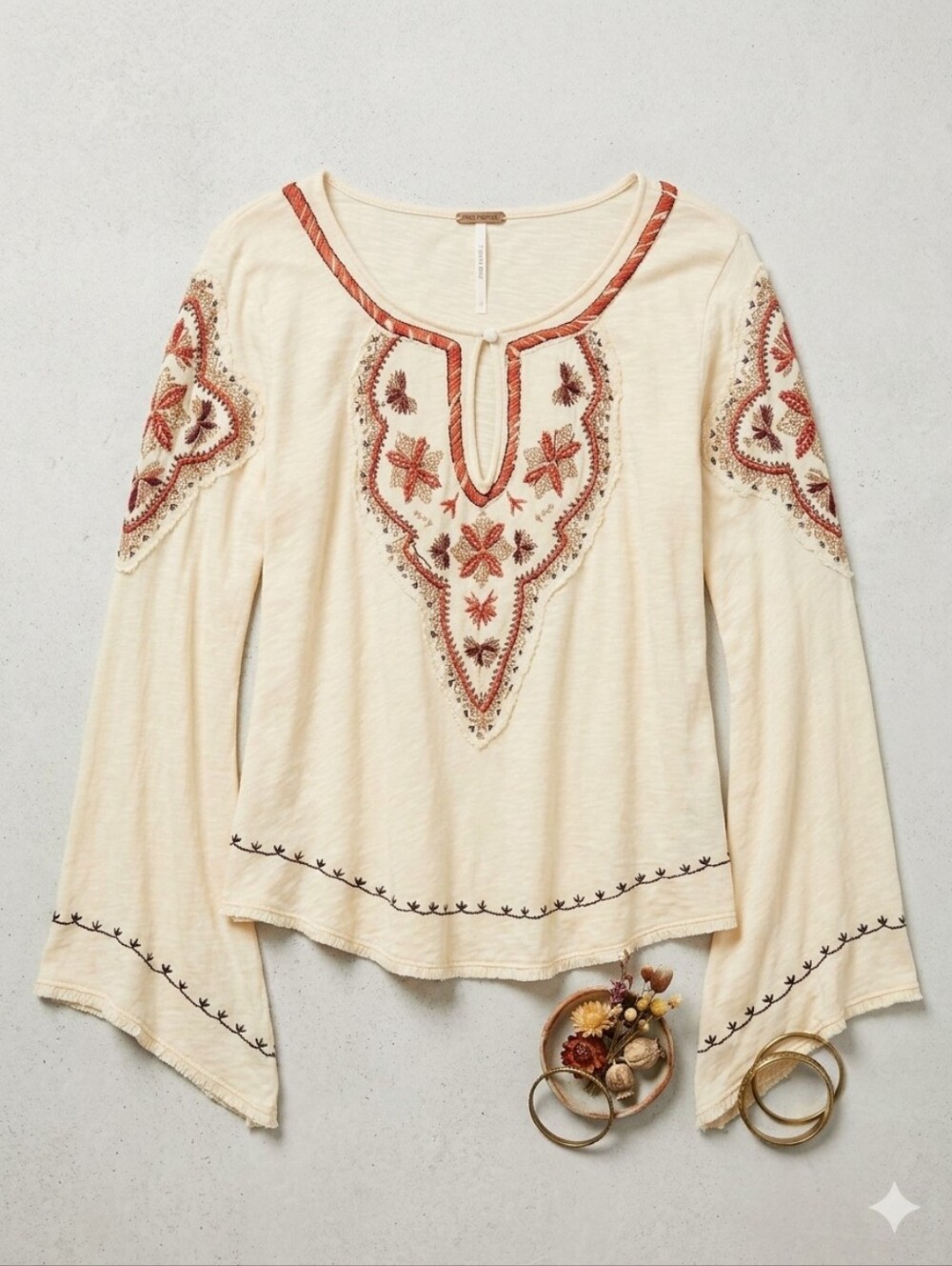 Free People Bohemian Shirt Embroidery Tribal Festival Bell Sleeve Size Large